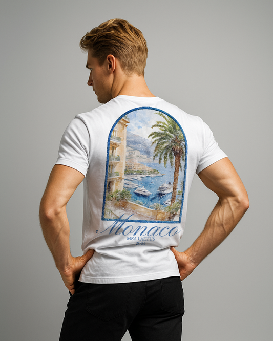 Male Model wearing white CÔTE D'AZUR | Graphic T-Shirt - Backprint - MEA LAETUS