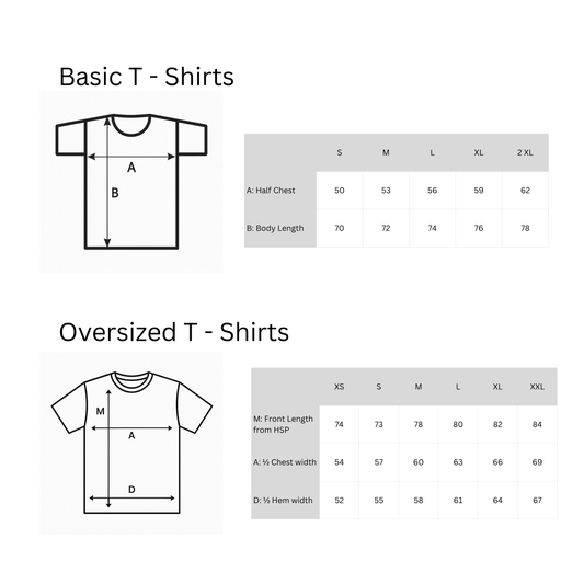 Größentabelle für Basic und Oversized T-Shirts mit Maßen in cm von MEA LAETUS