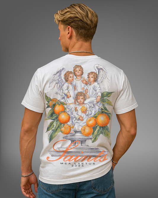 Male Model wearing white SAINTS ANGELS graphic T-Shirt from the back