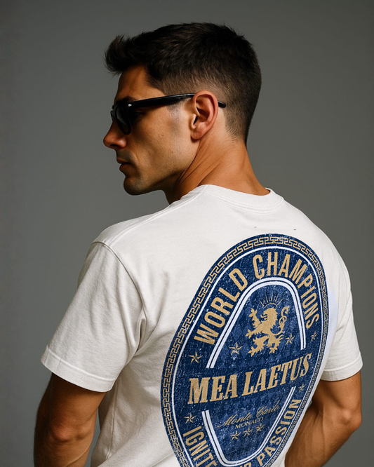 Male Model wearing white World Champions BLUE Graphic T-Shirt from the back