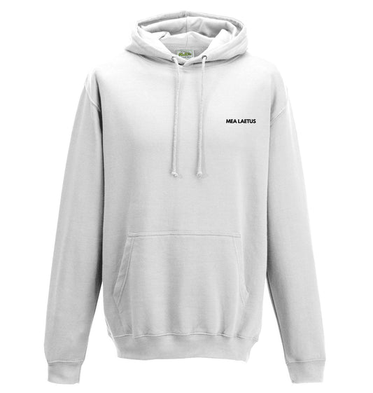 Weißer Hoodie mit kleinem schwarzem MEA LAETUS Brustlogo