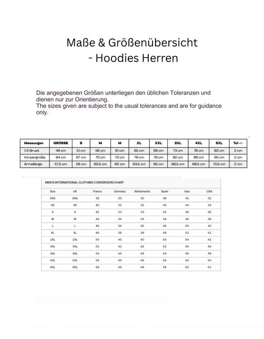 Größentabelle für Herren-Hoodies von MEA LAETUS mit Maßen in cm