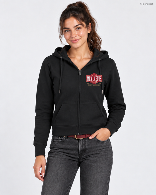 MEA LAETUS Damen Sweatjacke Limitbreaker Emblem Rot in Schwarz – Nähere Studio-Frontansicht des Limitbreaker-Brustprints und Reißverschlusses.