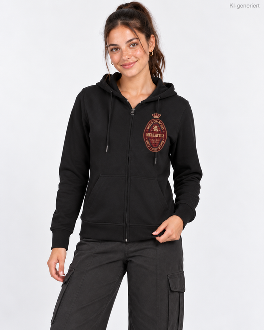 MEA LAETUS Ladies Sweatjacke World Champions Rot in Schwarz – Nähere Frontansicht mit World Champions Brustprint und Reißverschluss.