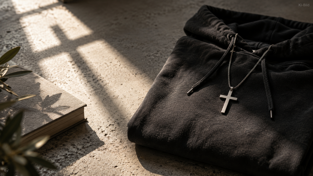 Schwarzer Hoodie mit silberner Kreuzkette – Christian Streetwear für Herren