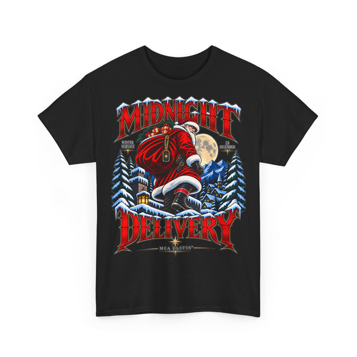 Midnight Delivery Tee — Santa Nighttime Skiing Christmas T-Shirt