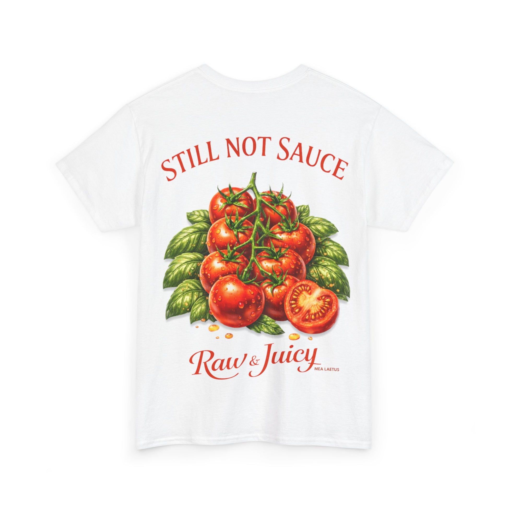 MEA LAETUS Tomato Graphic T-Shirt in weiß - Still Not Sauce / Raw & Juicy Tomaten Print - MEA LAETUS.