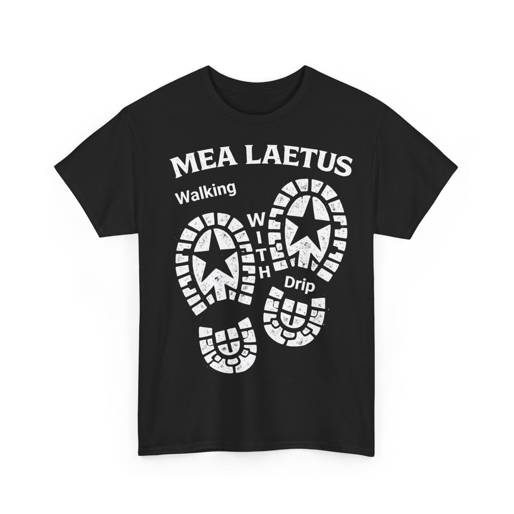 Walking With Drip Bootprint Tee — Mea Laetus Latin Graphic T-Shirt - MEA LAETUS.