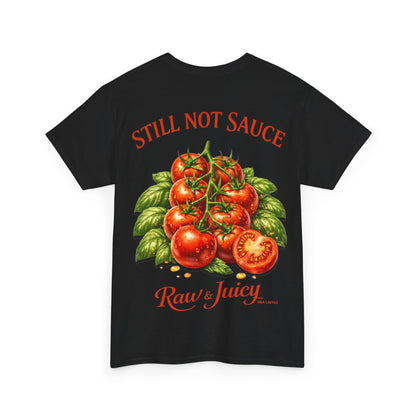 Schwarzes MEA LAETUS Tomato Graphic T-Shirt - Still Not Sauce / Raw & Juicy Tomaten Print - MEA LAETUS.