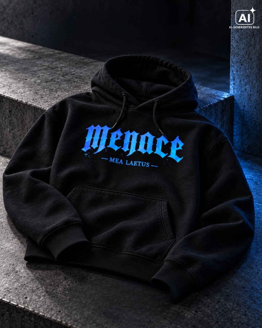 BLUE MENACE |  Statement Hoodie liegt auf einer Treppe