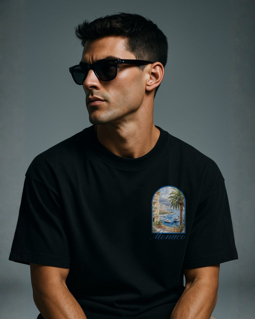 Male Model wearing black CÔTE D'AZUR | Graphic T-Shirt - Frontprint - MEA LAETUS