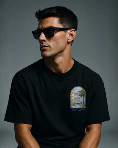 Male Model wearing black CÔTE D'AZUR | Graphic T-Shirt - Frontprint - MEA LAETUS