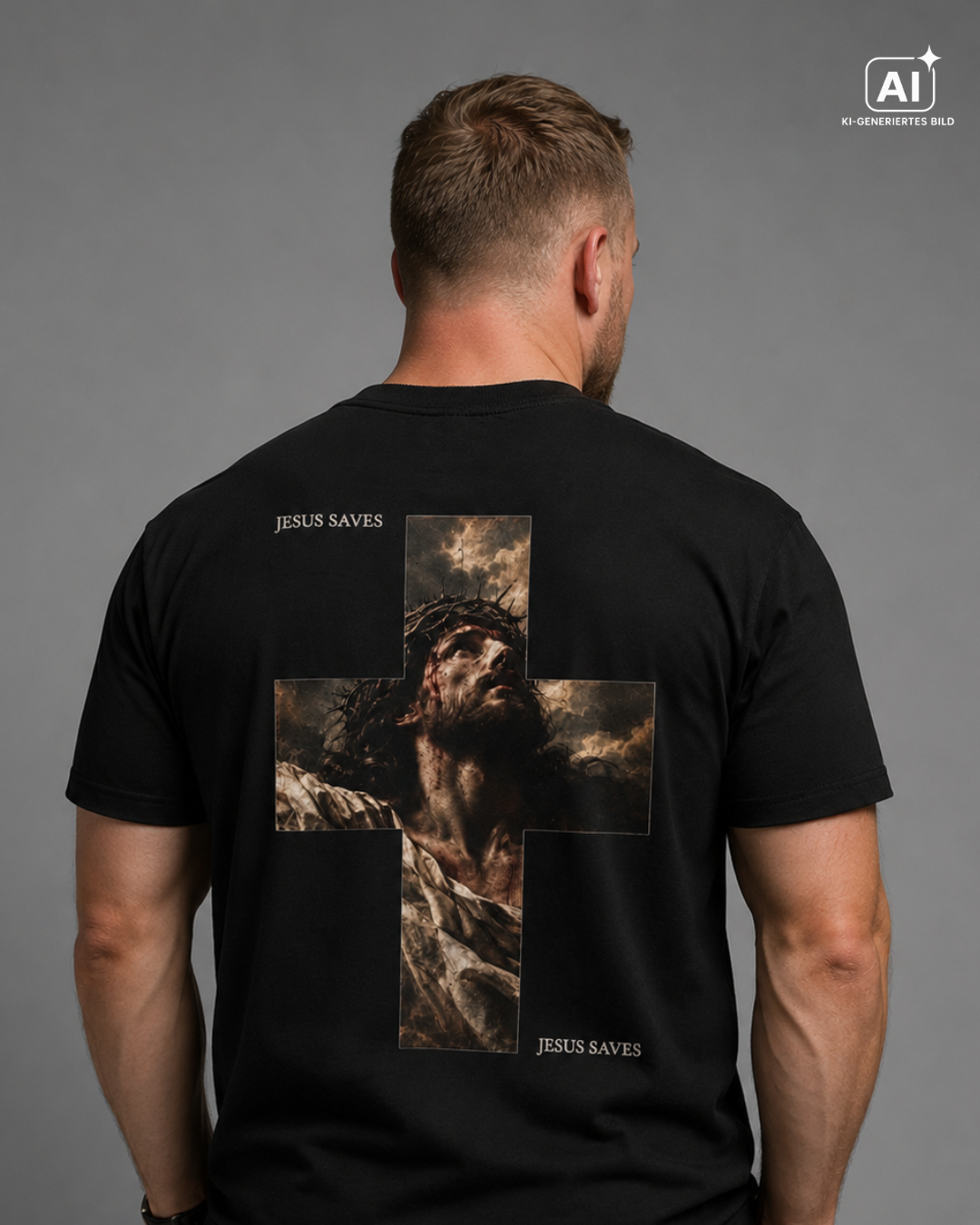 Modell trägt Cross_of_Faith_Christian_Streetwear_T-Shirt, Rueckenansicht