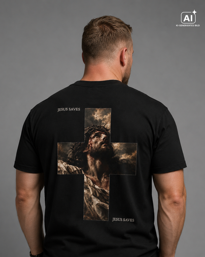 Modell trägt Cross_of_Faith_Christian_Streetwear_T-Shirt, Rueckenansicht