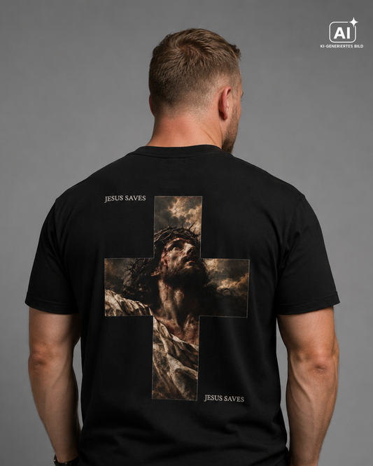 Modell trägt Cross_of_Faith_Christian_Streetwear_T-Shirt, Rueckenansicht