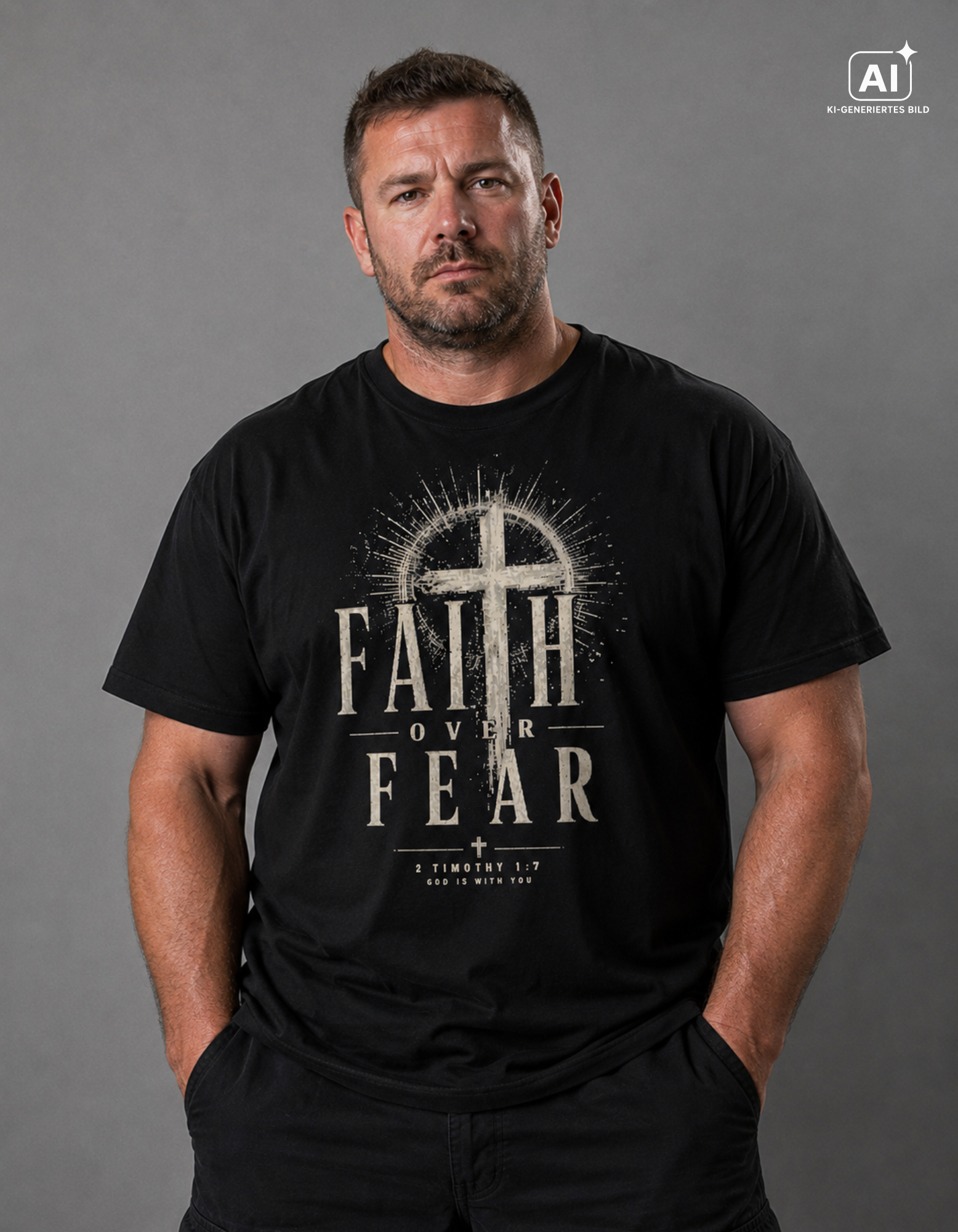 Modell trägt Faith Over Fear T-Shirt — Christian Streetwear T-Shirt