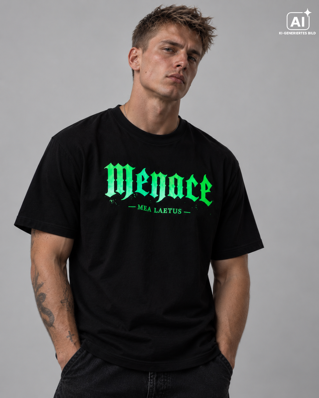 Mann trägt schwarzes GREEN MENACE | Streetwear Graphic T-Shirt Herren