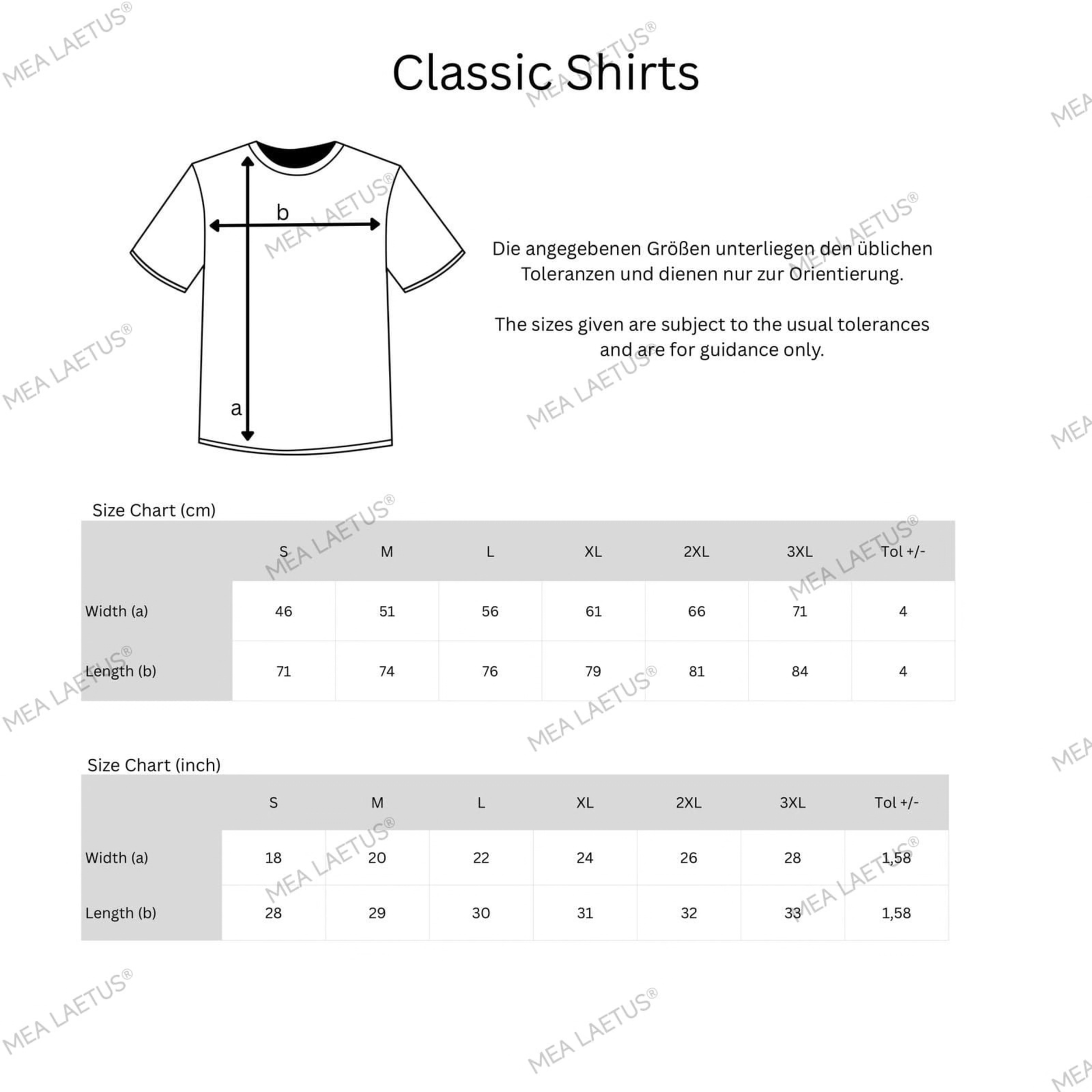 Größentabelle der MEA LAETUS Classic T-Shirts Kollektion (Regular Fit) in cm und inch Maßeinheit von Größe S-3XL.
