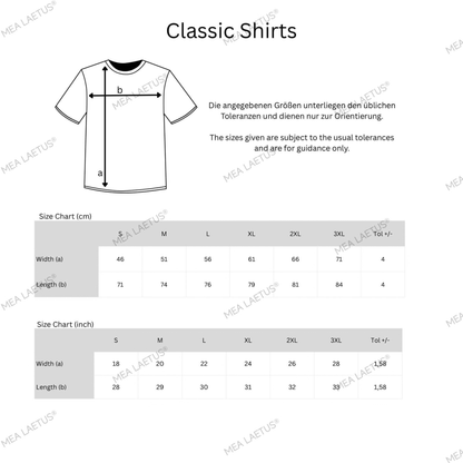 Größentabelle der MEA LAETUS Classic T-Shirts Kollektion (Regular Fit) in cm und inch Maßeinheit von Größe S-3XL.