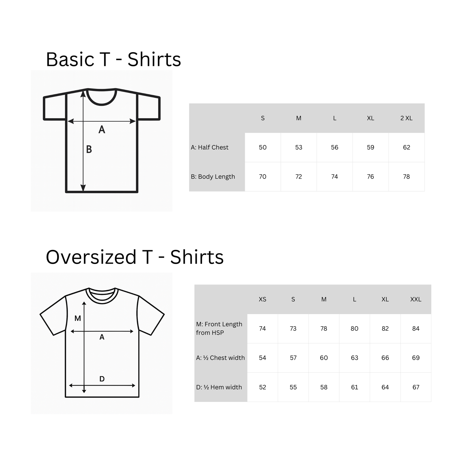 Größentabelle für Basic und Oversized T-Shirts mit Maßen in cm von MEA LAETUS