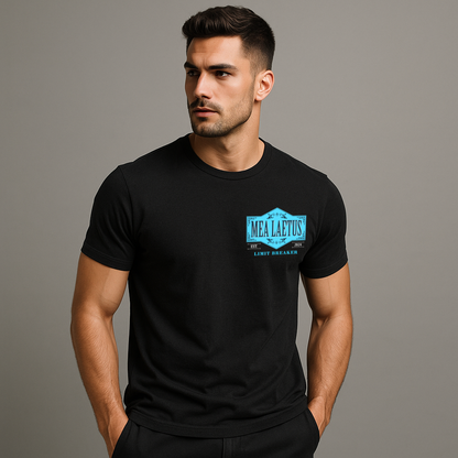 Male Model wearing black Limit Breaker BLUE Label Graphic T-Shirt by MEA LAETUS
