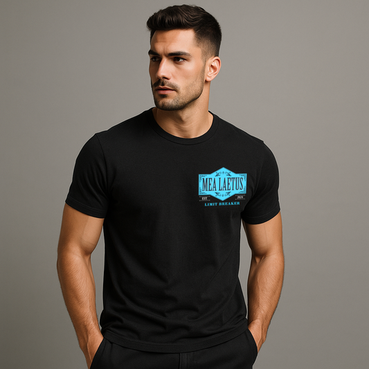 Male Model wearing black Limit Breaker BLUE Label Graphic T-Shirt by MEA LAETUS