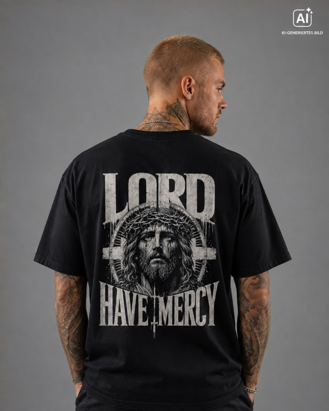 Mann trägt Lord have Mercy T-Shirt mit großem Jesus Statement Backprint im urbanen Setting