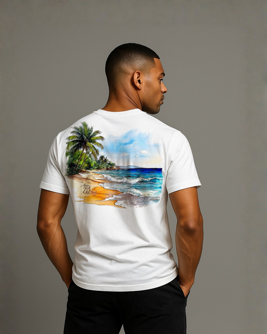Male Model wearing white PALM TREE BEACH | Graphic T-Shirt by MEA LAETUS