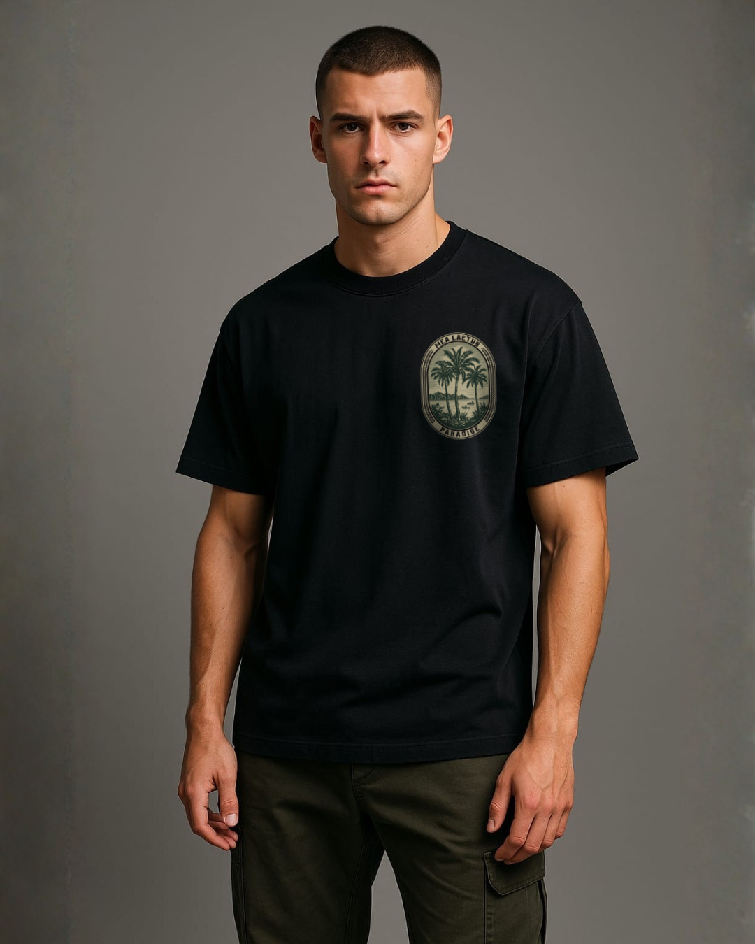 Male Model wearing black PALMEN EDITION graphic T-Shirt from the front