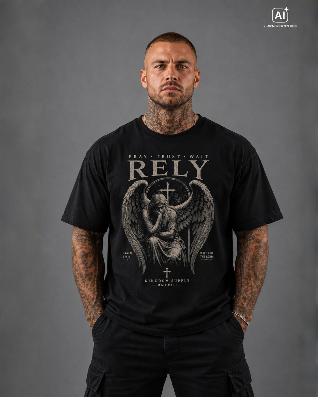 Mann trägt schwarzes T-Shirt mit Frontdruck „RELY – Pray Trust Wait“, Engel Motiv und Psalm 27:14, Christian Streetwear.