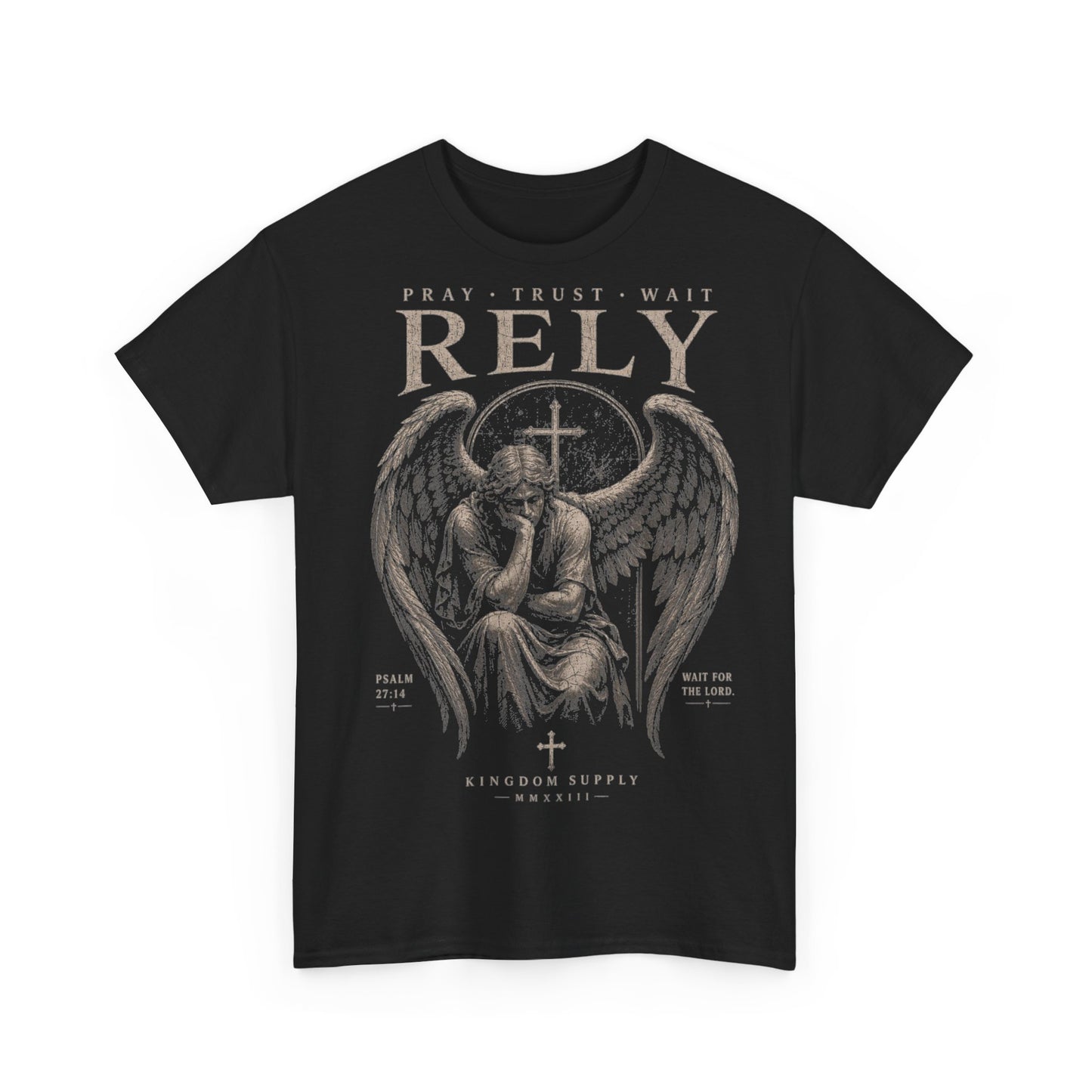 Mockup Frontansicht - RELY_Christian_Streetwear_T-Shirt_Pray_Trust_Wait_
