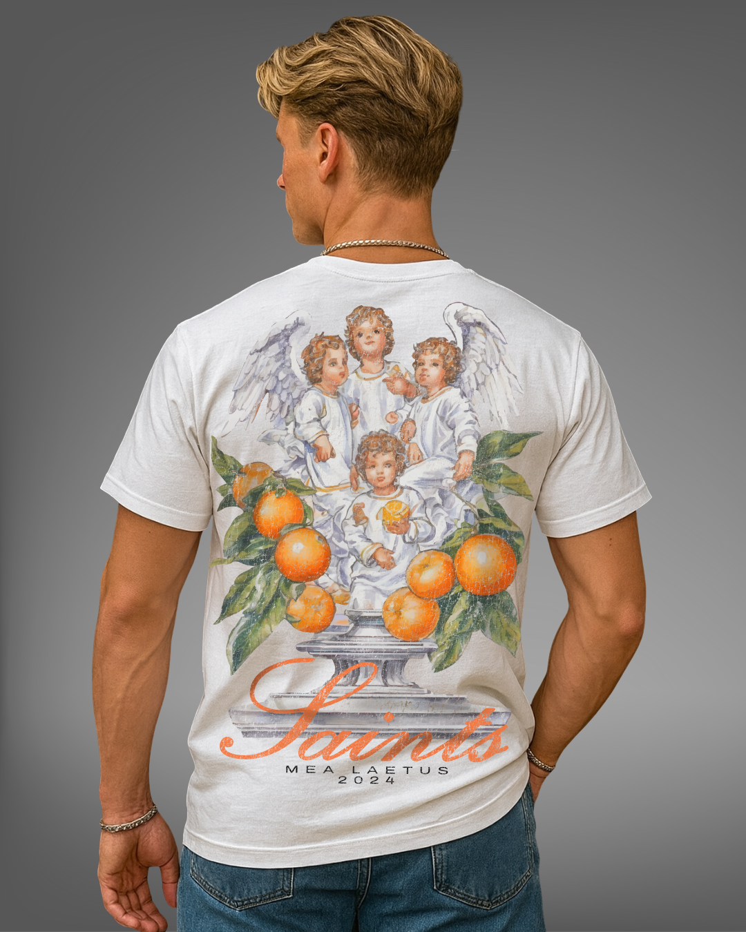 Male Model wearing white SAINTS ANGELS graphic T-Shirt from the back