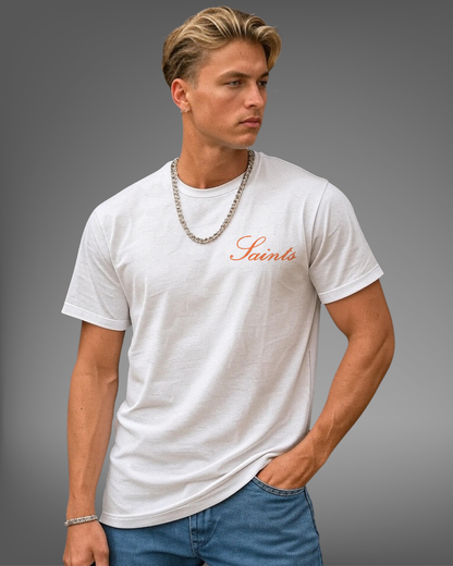 Male Model wearing white SAINTS ANGELS graphic T-Shirt from the front