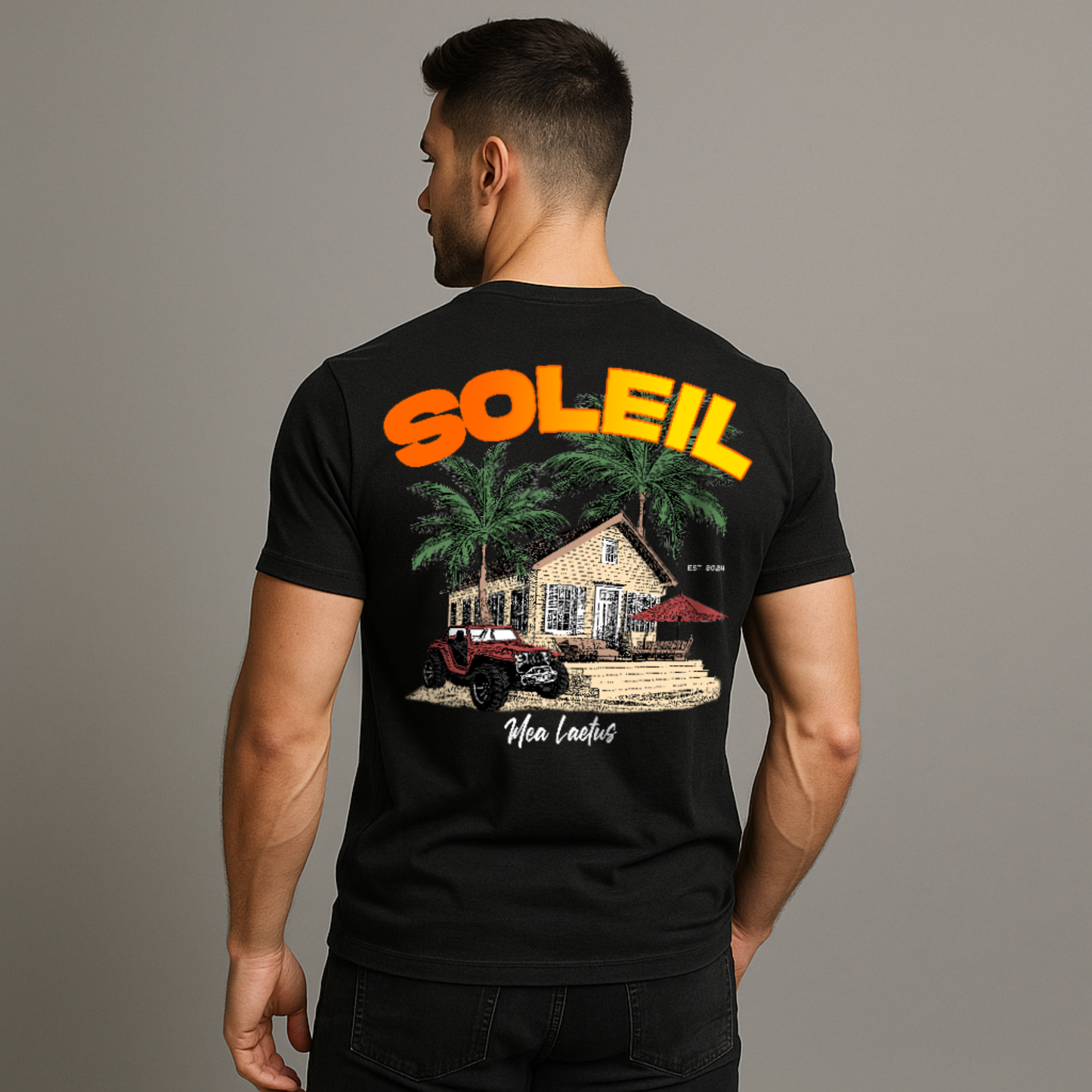Male Model wearing black SOLEIL graphic T-Shirt from the back