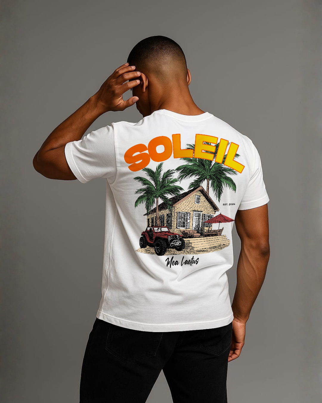 Male Model wearing white SOLEIL graphic T-Shirt from the back