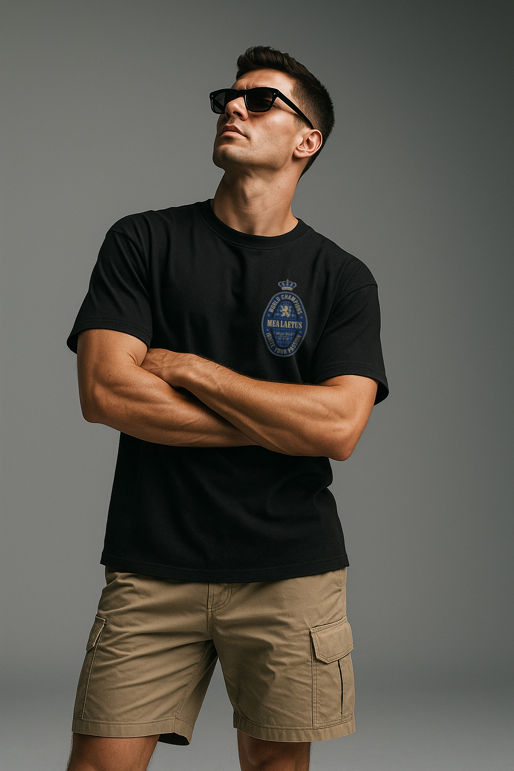 Male Model wearing black World Champions BLUE Graphic T-Shirt from the front