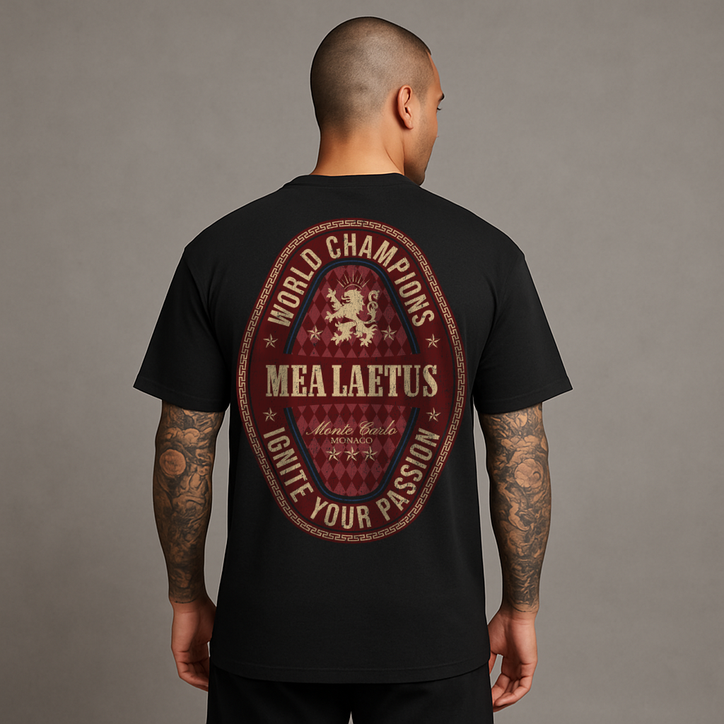 Male Model wearing black World Champions RED Graphic T-Shirt from the back
