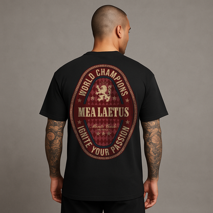 Male Model wearing black World Champions RED Graphic T-Shirt from the back