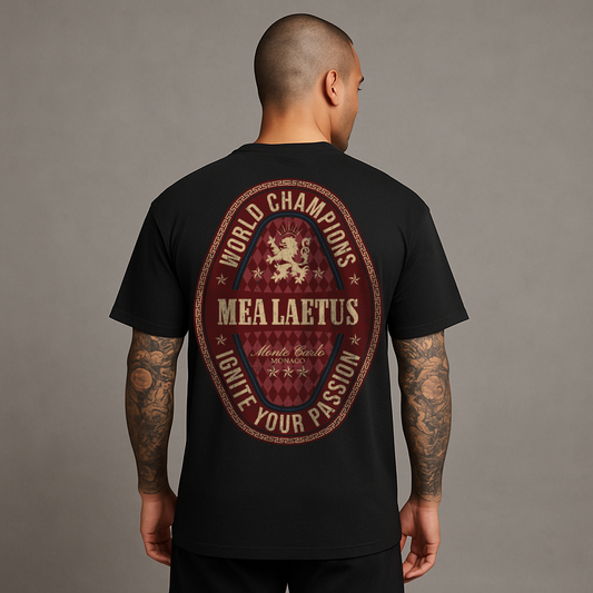 Male Model wearing black World Champions RED Graphic T-Shirt from the back