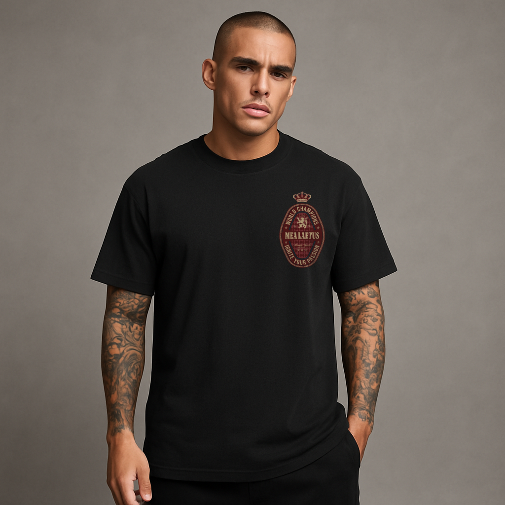 Male Model wearing black World Champions RED Graphic T-Shirt from the front