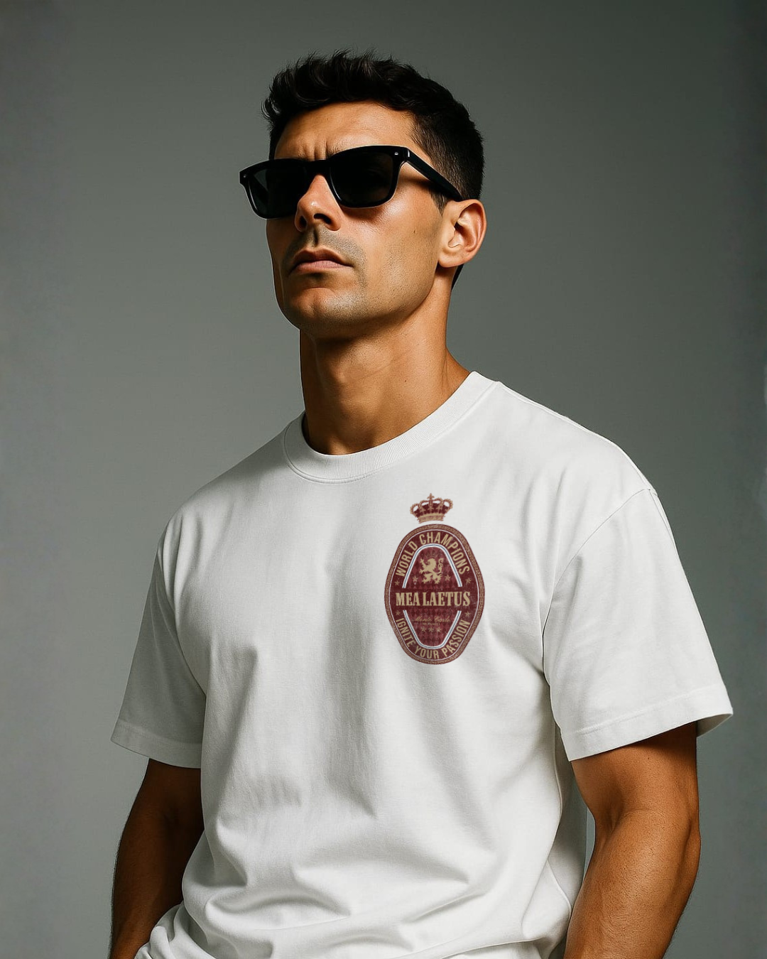 Male Model wearing white World Champions RED Graphic T-Shirt from the front