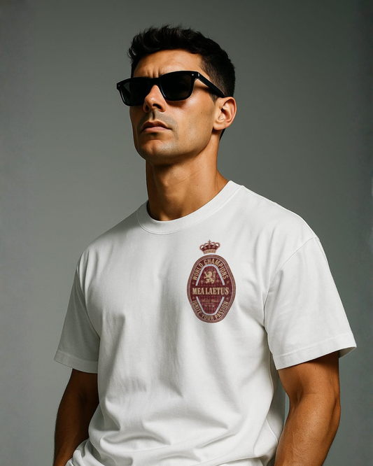 Male Model wearing white World Champions RED Graphic T-Shirt from the front