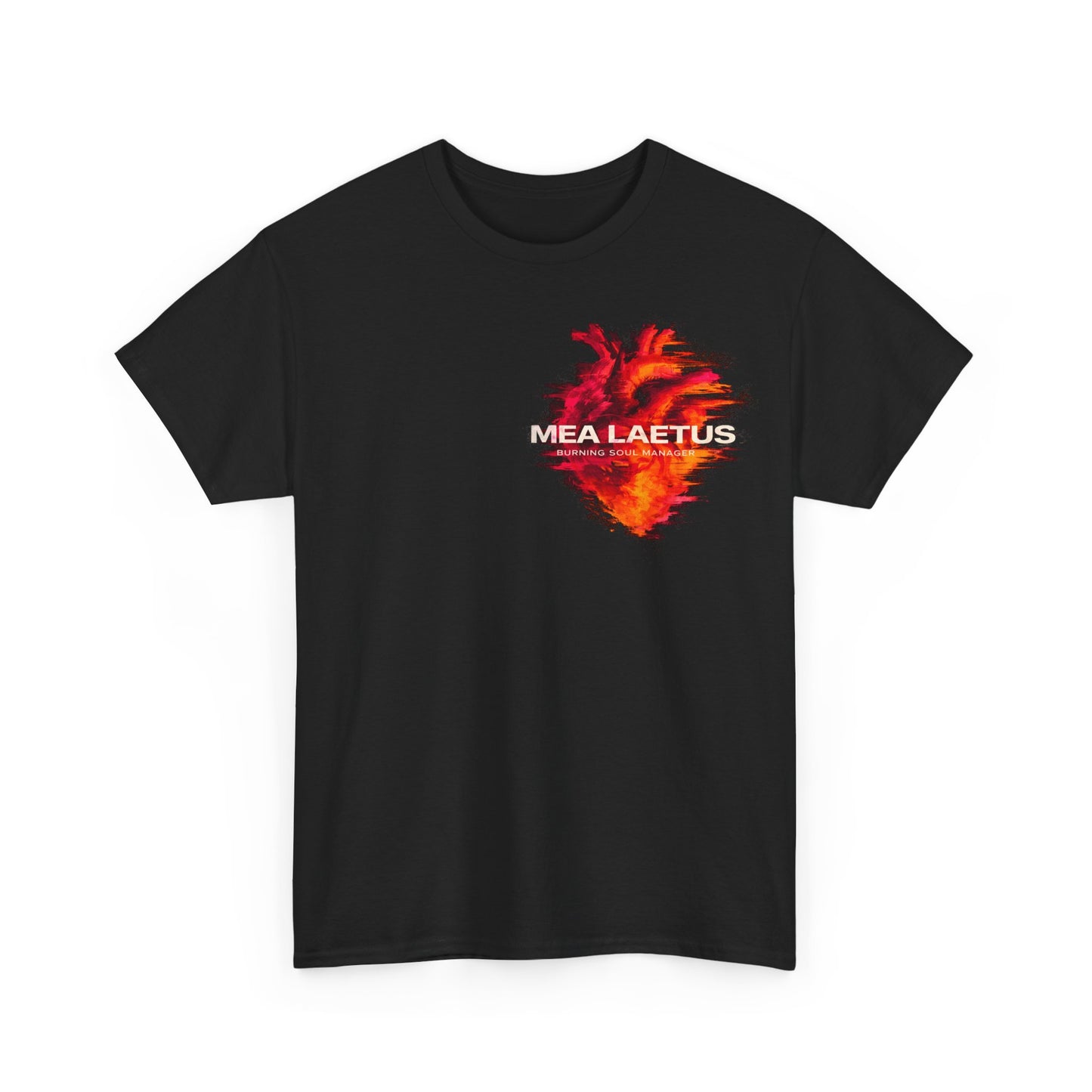 Schwarzes T-Shirt mit flammendem Herz-Brustprint und MEA LAETUS Burning Soul Manager Schriftzug