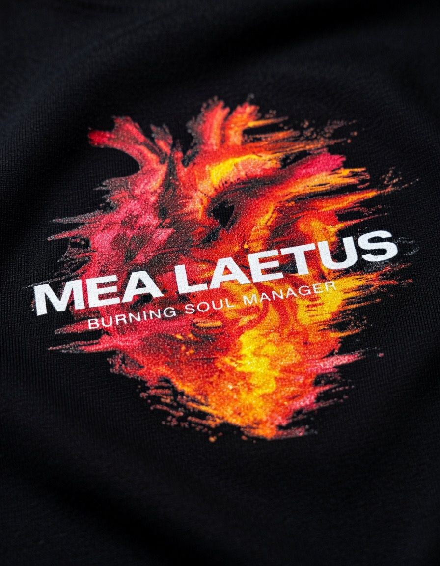 Detailaufnahme des flammenden Herz-Brustprints mit MEA LAETUS Burning Soul Manager Schriftzug auf schwarzem T-Shirt