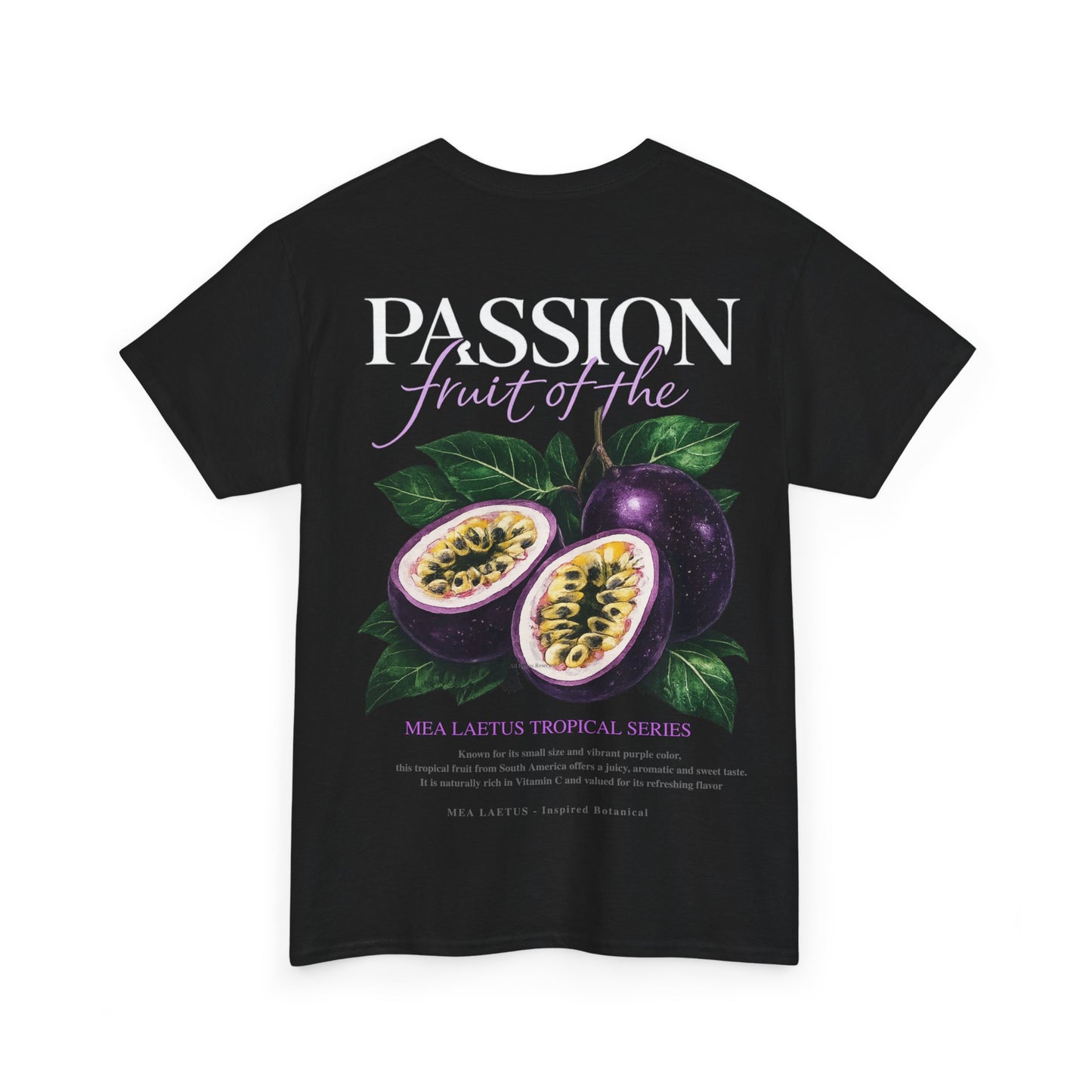 Schwarzes MEA LAETUS T-Shirt mit großem Maracuja-Backprint im Tropical-Botanical-Look.