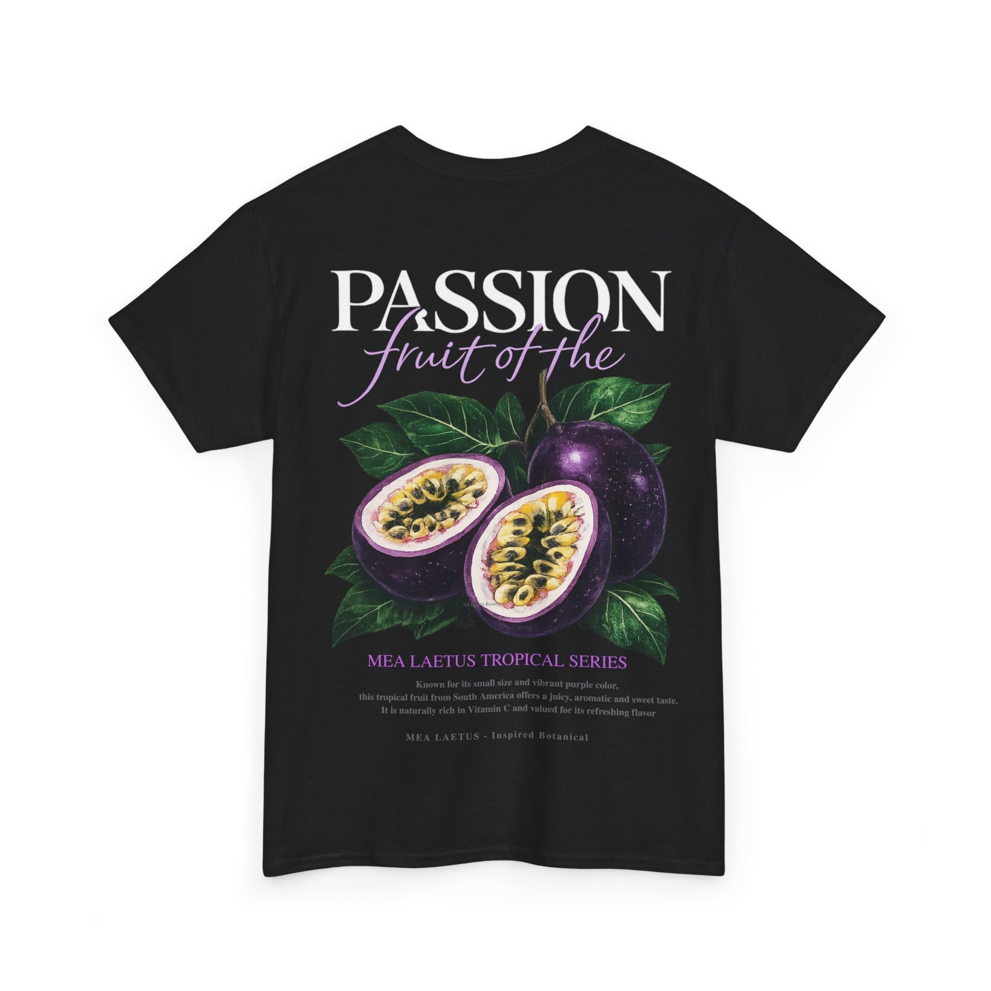 Schwarzes MEA LAETUS T-Shirt mit großem Maracuja-Backprint im Tropical-Botanical-Look.