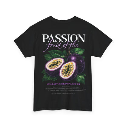 Schwarzes MEA LAETUS T-Shirt mit großem Maracuja-Backprint im Tropical-Botanical-Look.