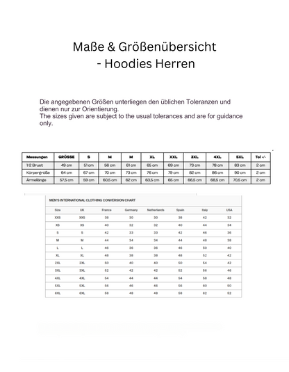 Größentabelle für Herren-Hoodies von MEA LAETUS mit Maßen in cm