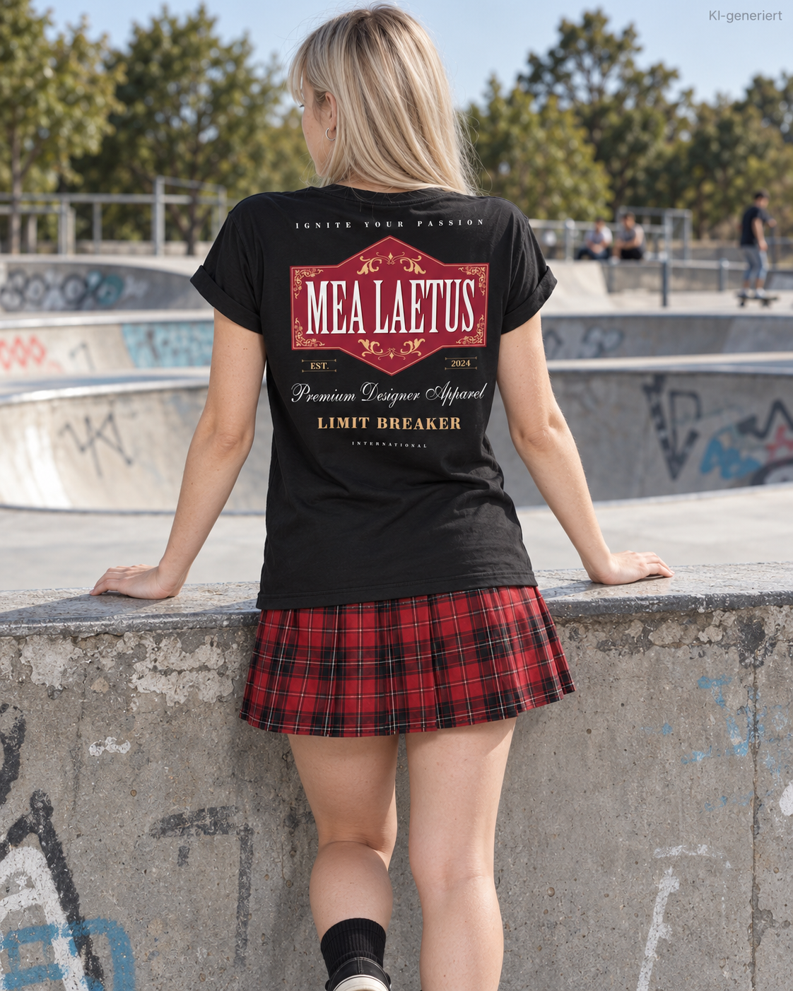 MEA LAETUS schwarzes Damen-T-Shirt mit großem roten Limitbreaker-Rückenprint – Model am Bowl-Rand im Skatepark.