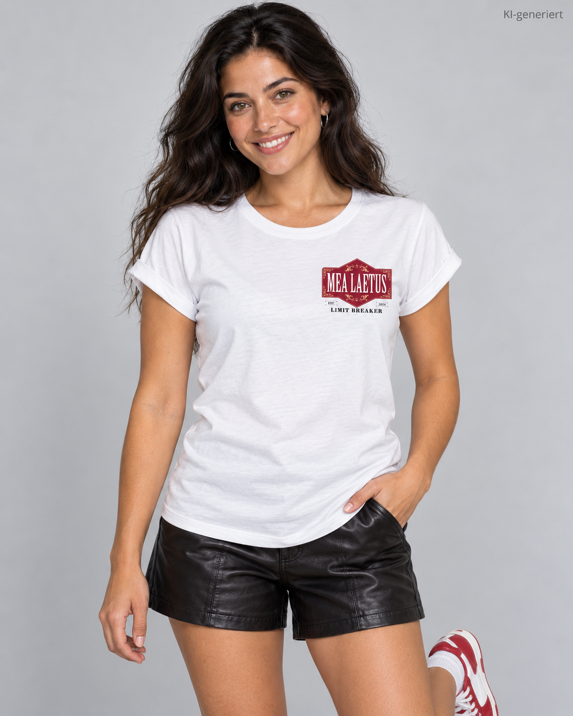 MEA LAETUS weißes Damen-T-Shirt mit rotem Limitbreaker-Brustemblem – Frontansicht am Model im Studio.